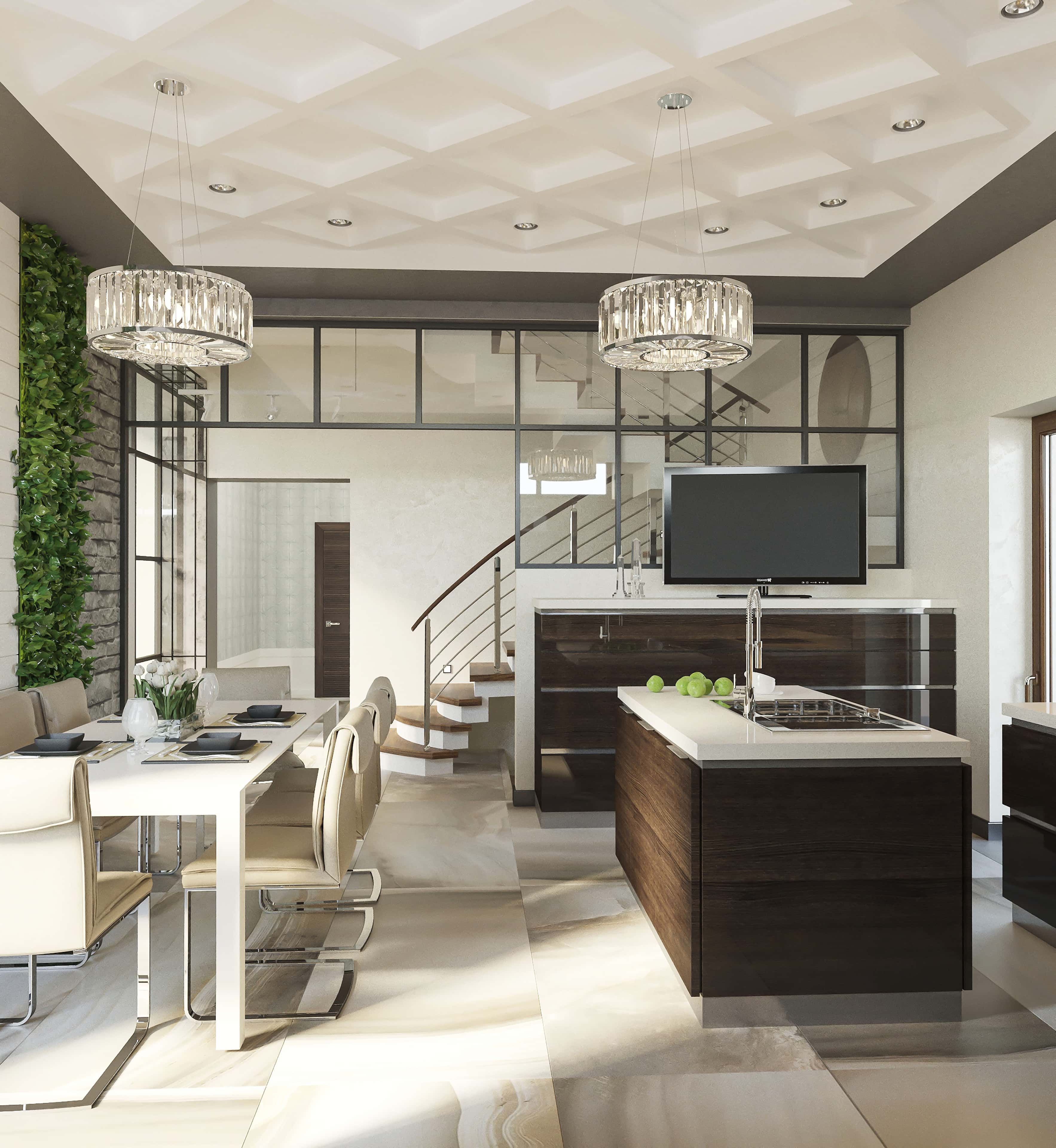 Кухня-вітальня з панорамними вікнами, що візуально розширюють простір у 2026 році.