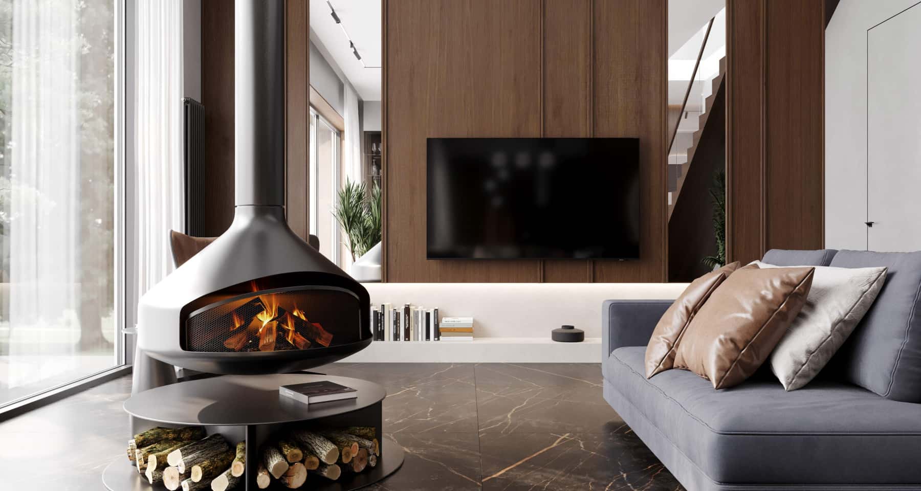 Мінімалістичний інтер'єр котеджу з панорамними вікнами та видом на природу.