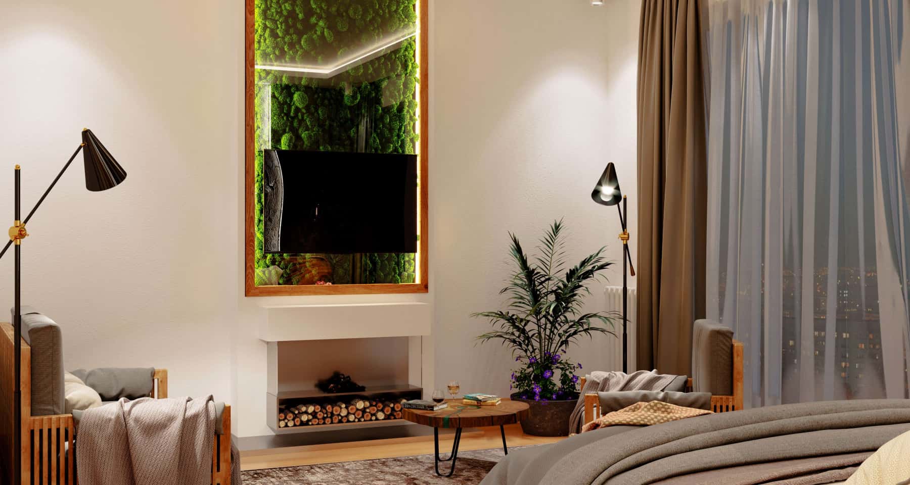 Мінімалізм в деталях Вітальня з панорамними вікнами та елементами декору в стилі японський мінімалізм.