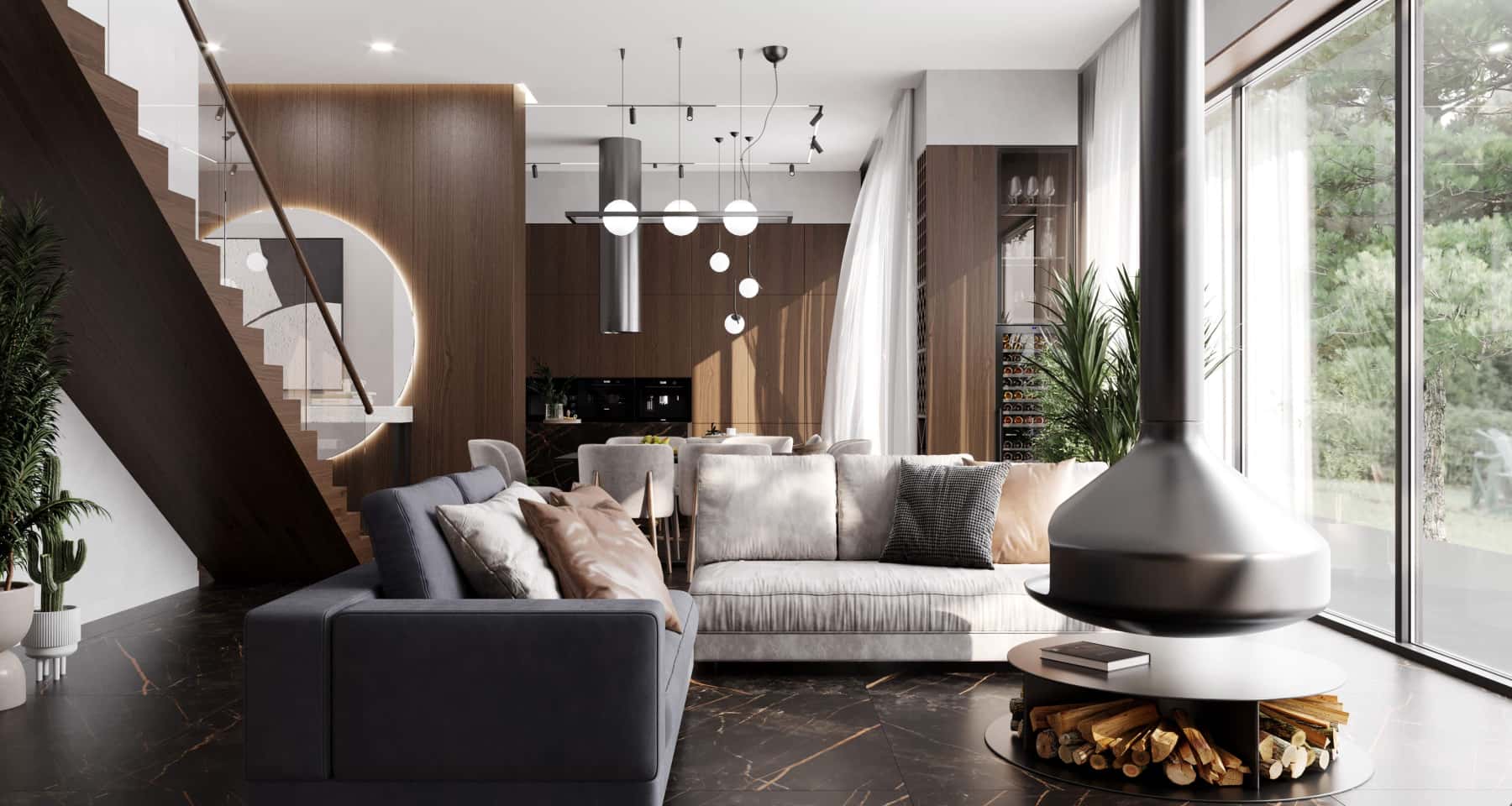 Світла вітальня з каміном у будинку з панорамними вікнами, сучасний дизайн.