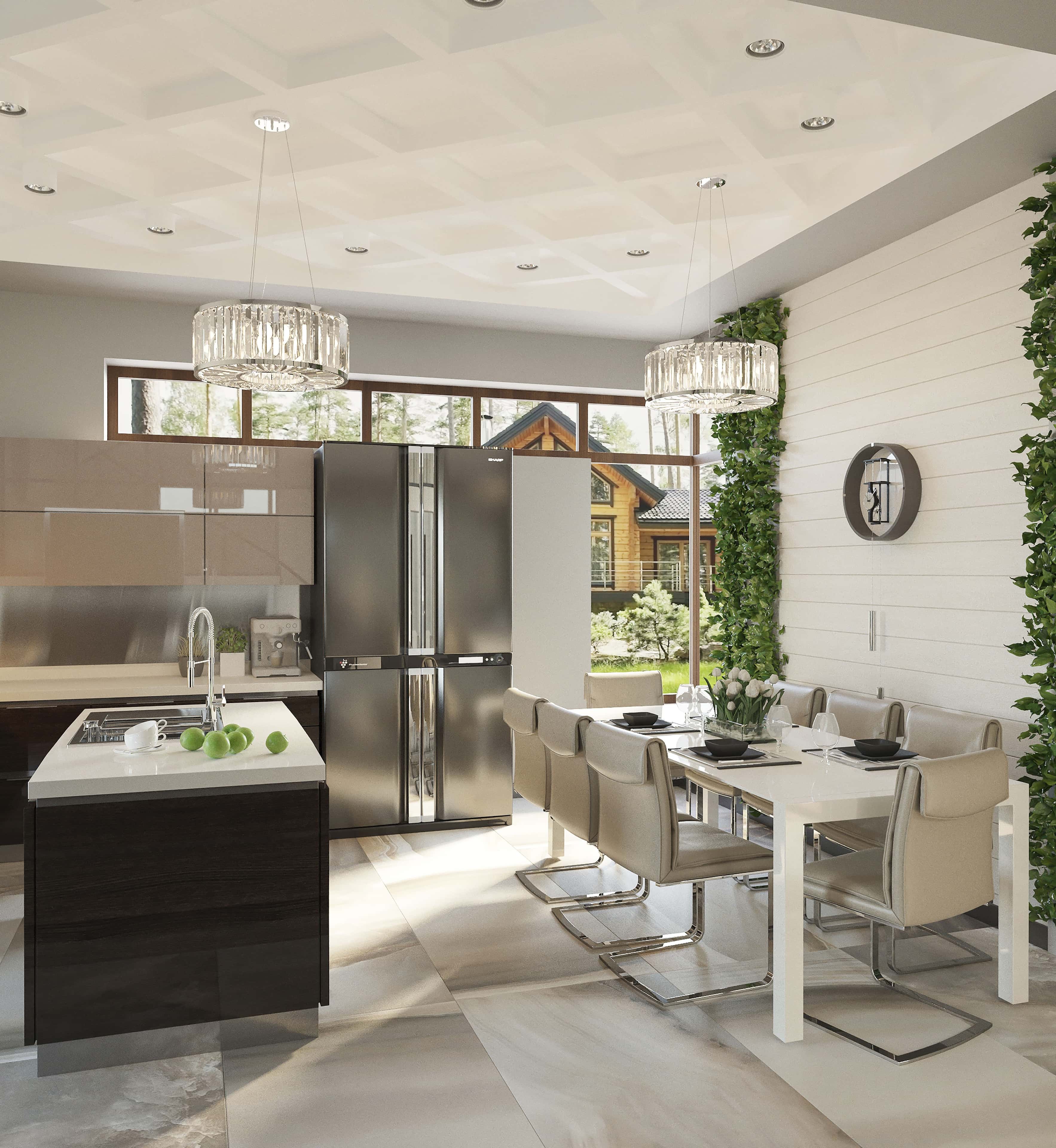 Простора вітальня з панорамними вікнами, що виходять на зелений сад, тренди 2026.