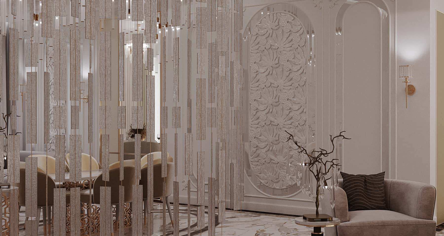 Сучасний дизайн інтер'єру з використанням ширми для зонування простору у заміському будинку