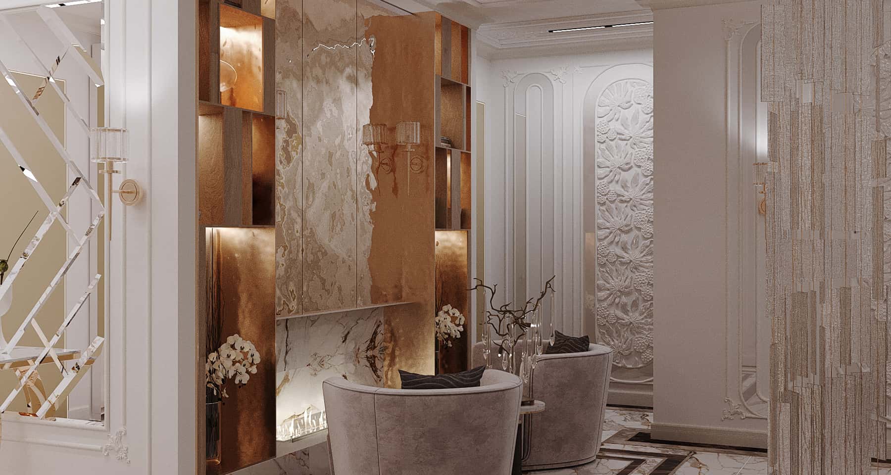 Розкішний інтер'єр вітальні з сучасними підвісними світильниками та зонуванням простору