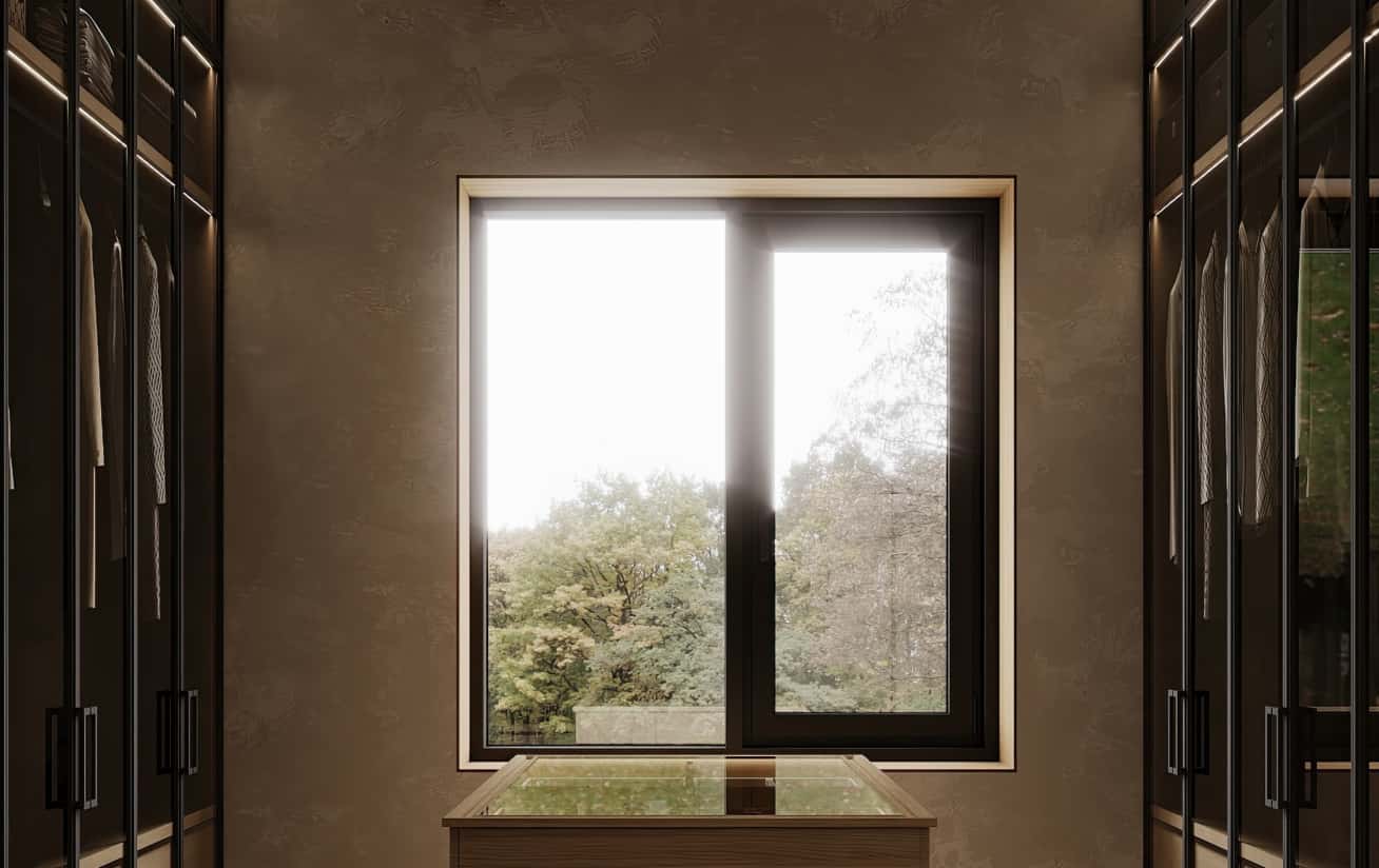 Дизайн-проект будинку з великими вікнами, що забезпечують природне освітлення та зв'язок з природою.