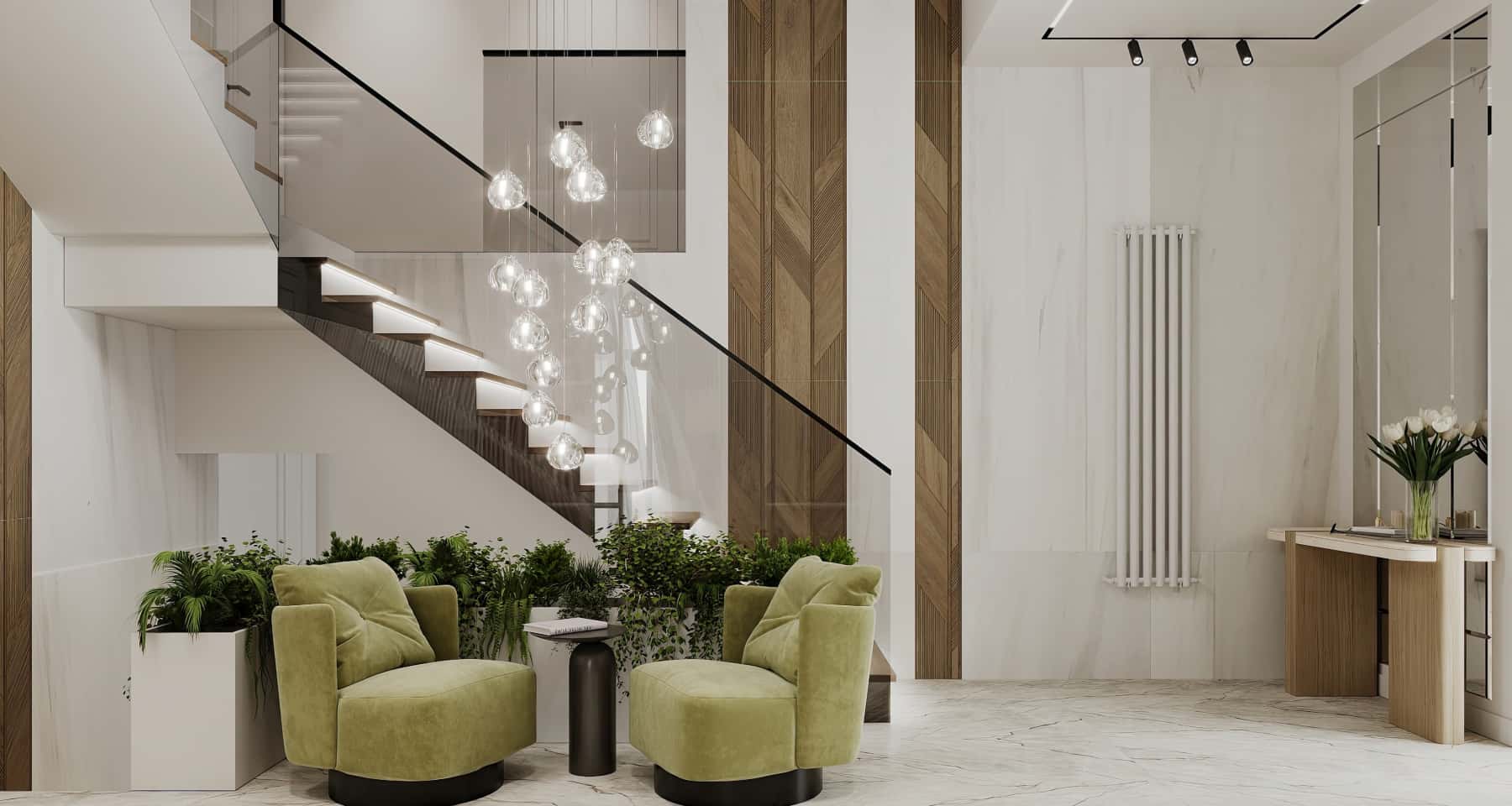 Дизайн інтер'єру в еко стилі: відкритий простір кухні-вітальні з дерев'яними елементами.