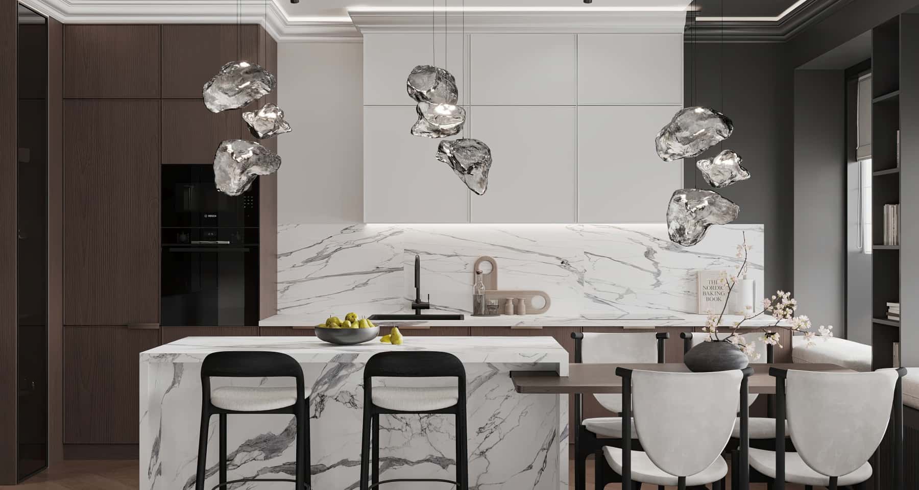 Дворівневий кухонний острів Стильна світла кухня 2026 з дворівневим островом для готування та відпочинку.