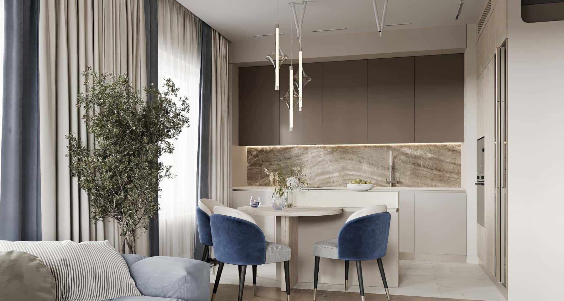 Синій акцент Світла кухня 2026 з акцентним синім кольором в деталях інтер'єру.