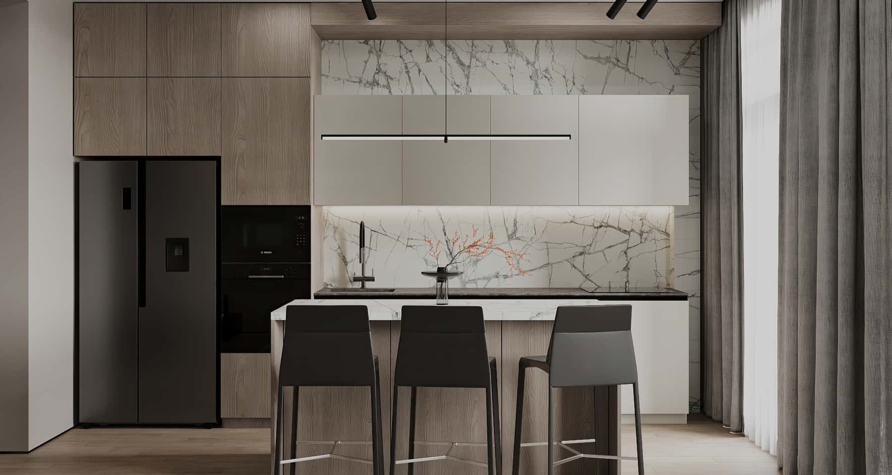 Сімейний обідній стіл Простора світла кухня 2026 з великим обіднім столом для сімейних обідів.