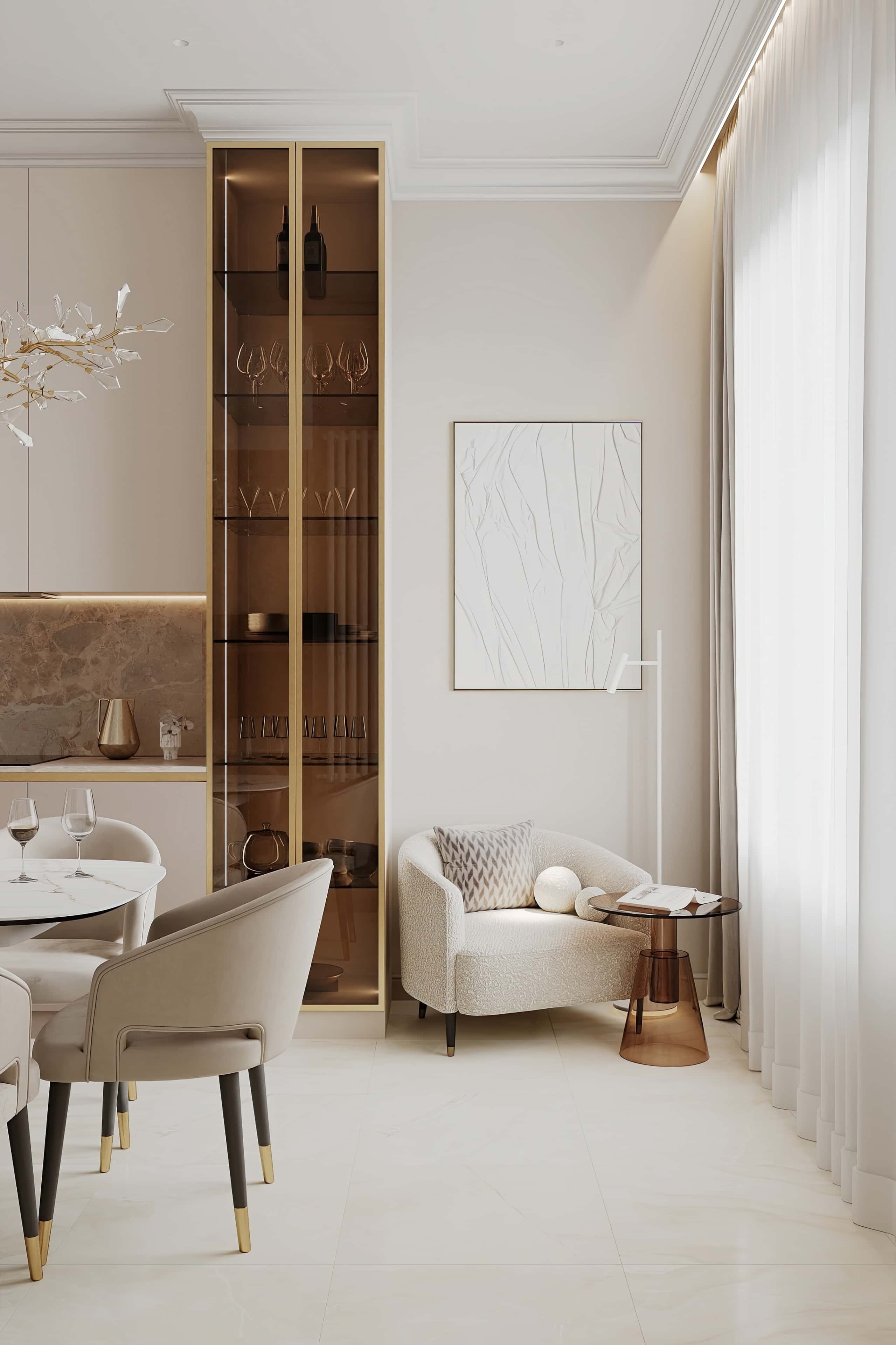 Кухня-вітальня: світло Інтер'єр кухні-вітальні в світлих тонах з великим диваном.