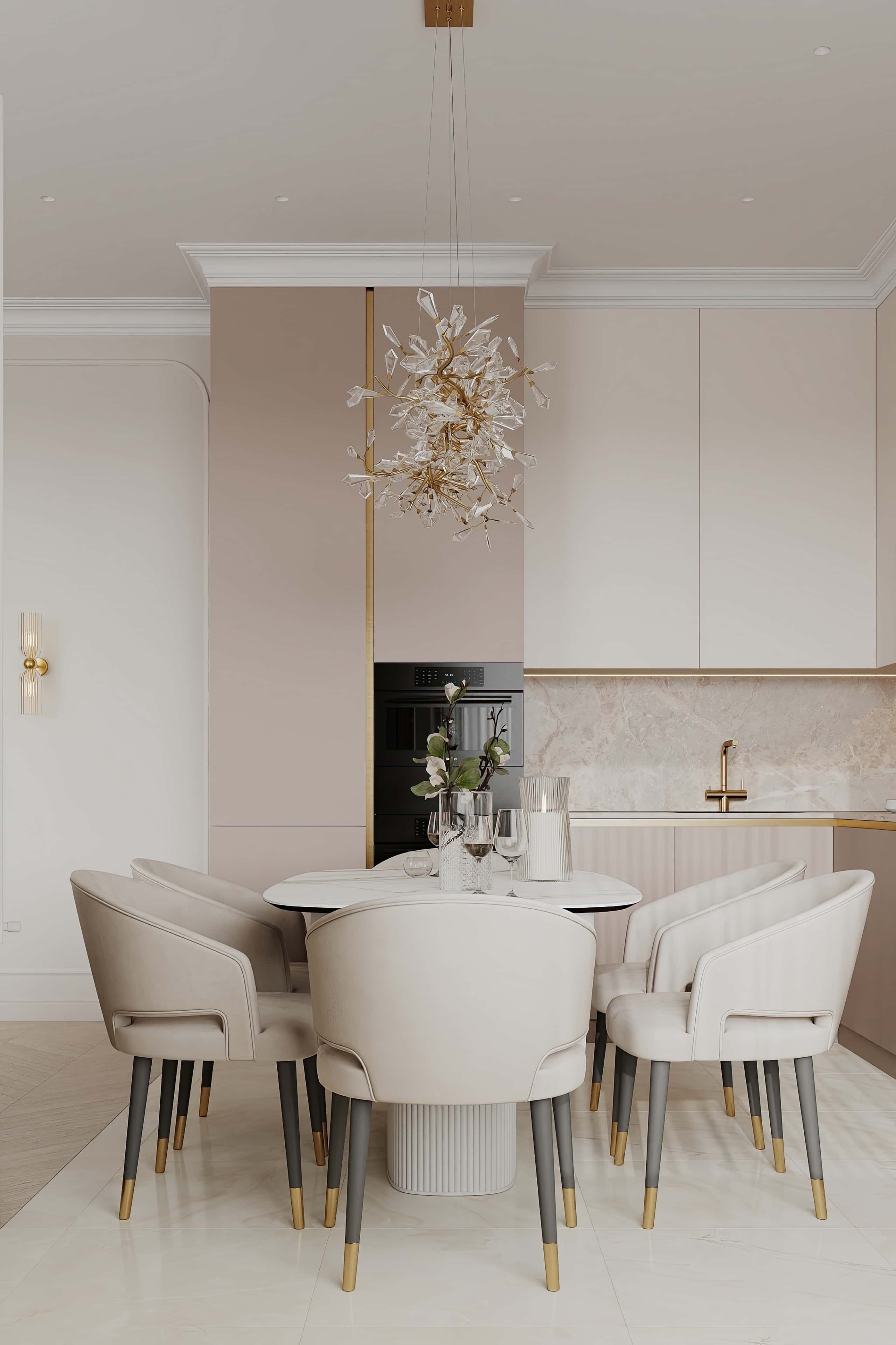 Неокласична кухня 2026 Дизайн світлої кухні 2026 в неокласичному стилі з островом.