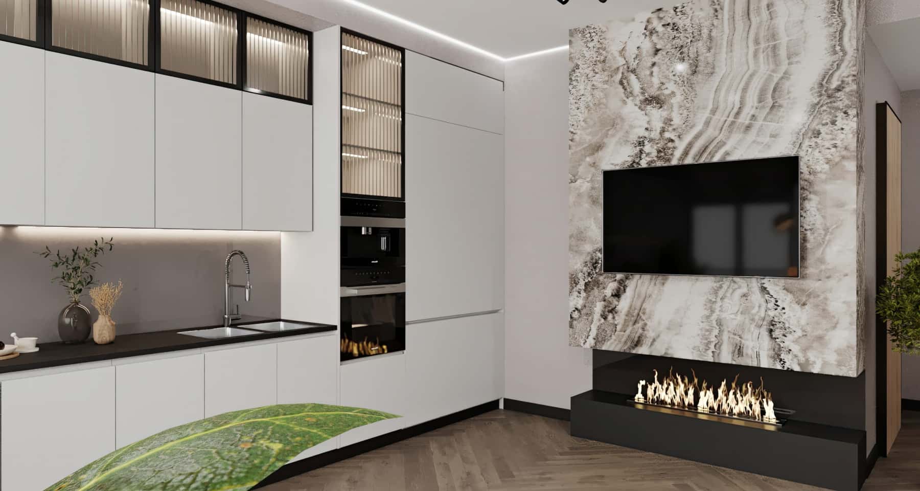 Сучасний дизайн трикімнатної квартири у бежевих тонах з акцентом на натуральні матеріали та рослини