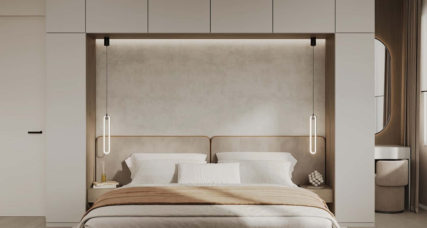 Інтер'єр спальні в мінімалістичному стилі з великим дзеркалом на стіні.