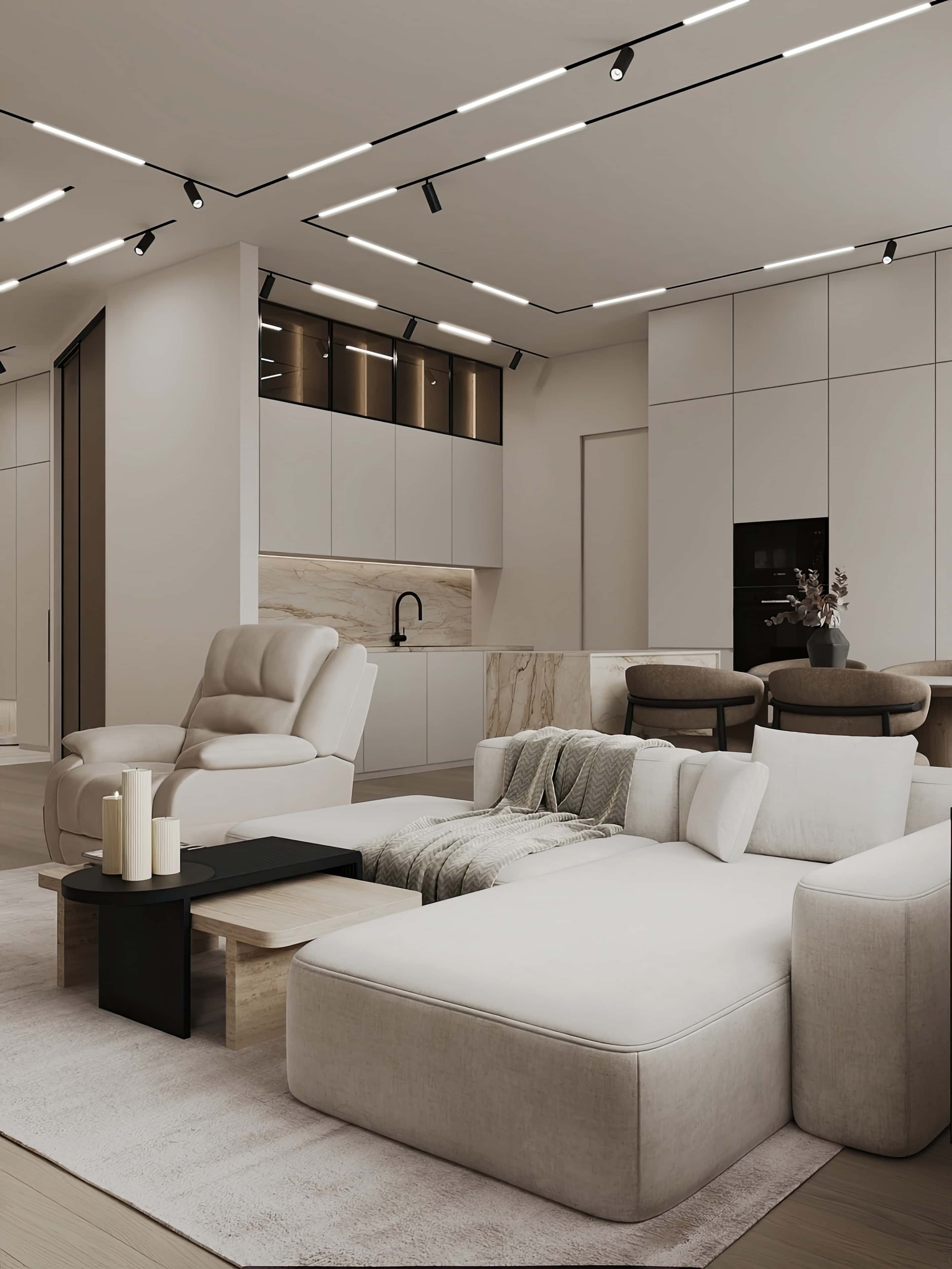 Інтер'єр трикімнатної квартири в стилі мінімалізм з акцентом на функціональність.