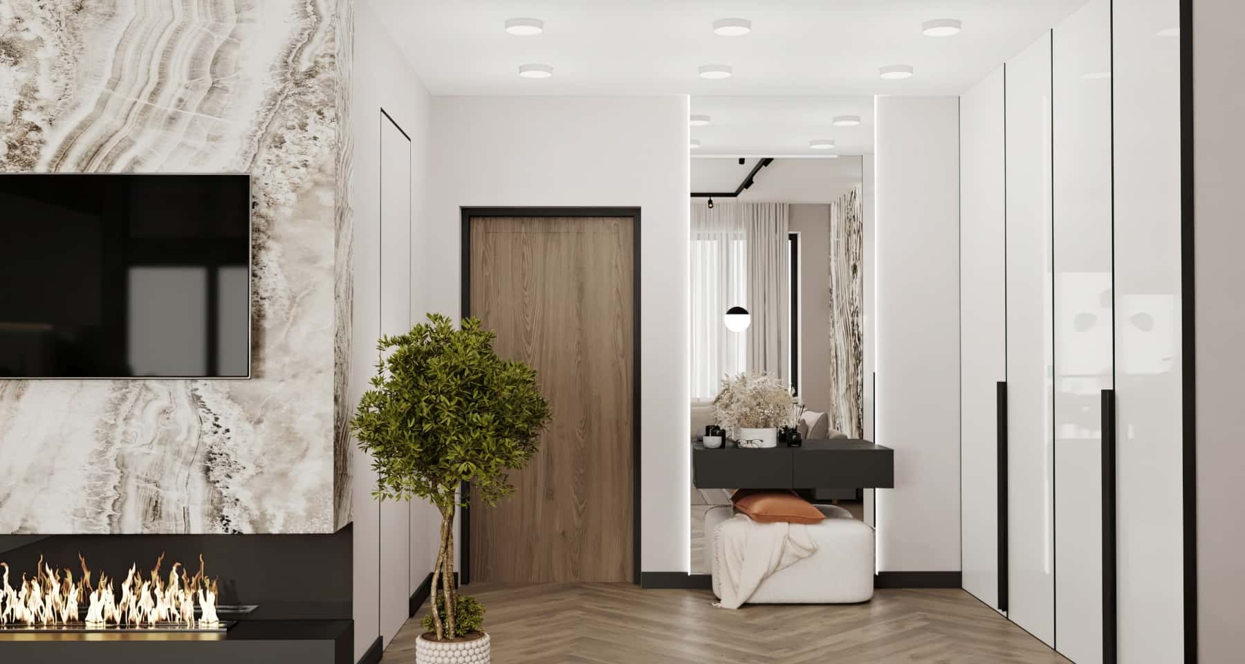 Сучасний дизайн трикімнатної квартири в стилі мінімалізм зі світлими стінами та меблями.