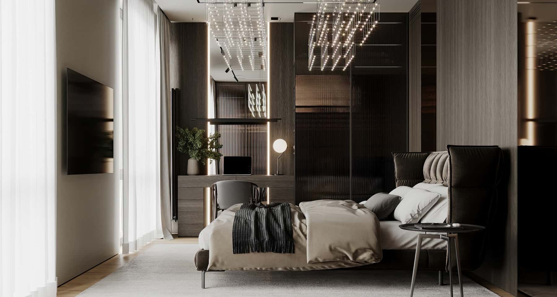 Сучасний дизайн трикімнатної квартири з мінімалістичною вітальнею та великим вікном.