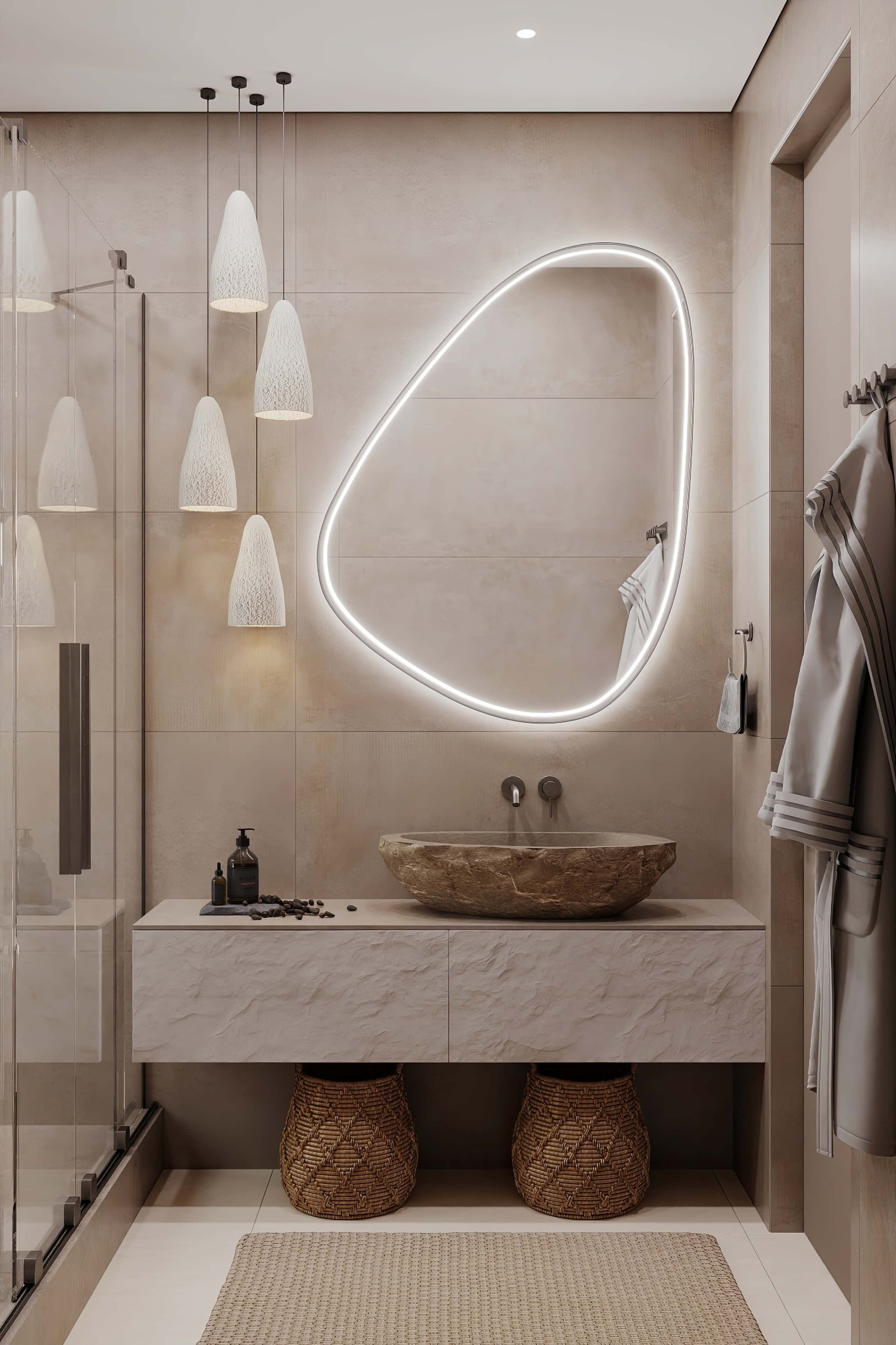 Сучасний дизайн трикімнатної квартири з акцентом на натуральні матеріали та еко-декор у вітальні.