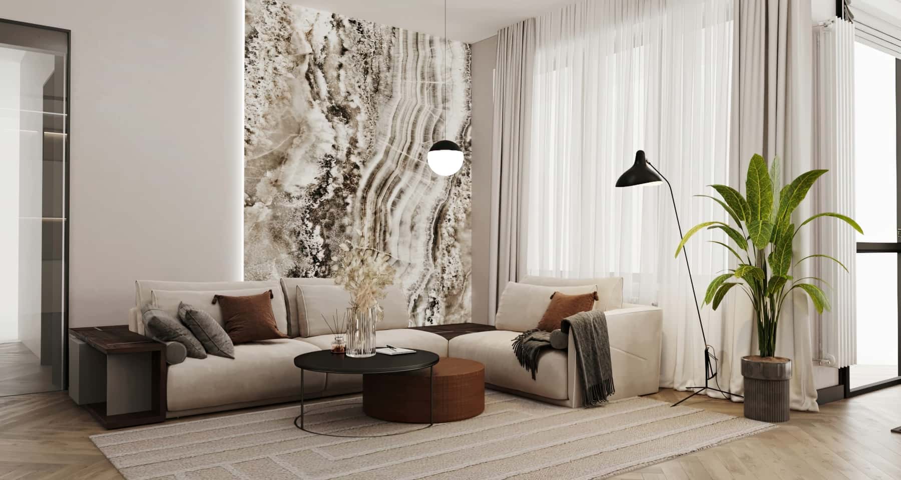 Дизайн трикімнатної квартири з відкритим плануванням вітальні та кухні в стилі модерн.