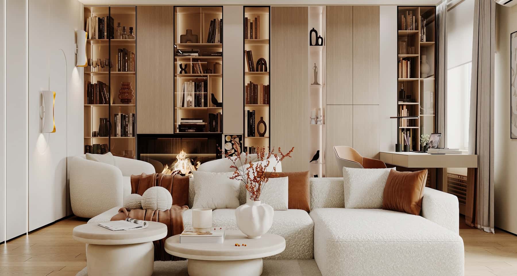 Сучасний дизайн трикімнатної квартири з великими вікнами та світлими стінами. Інтер'єр квартири.