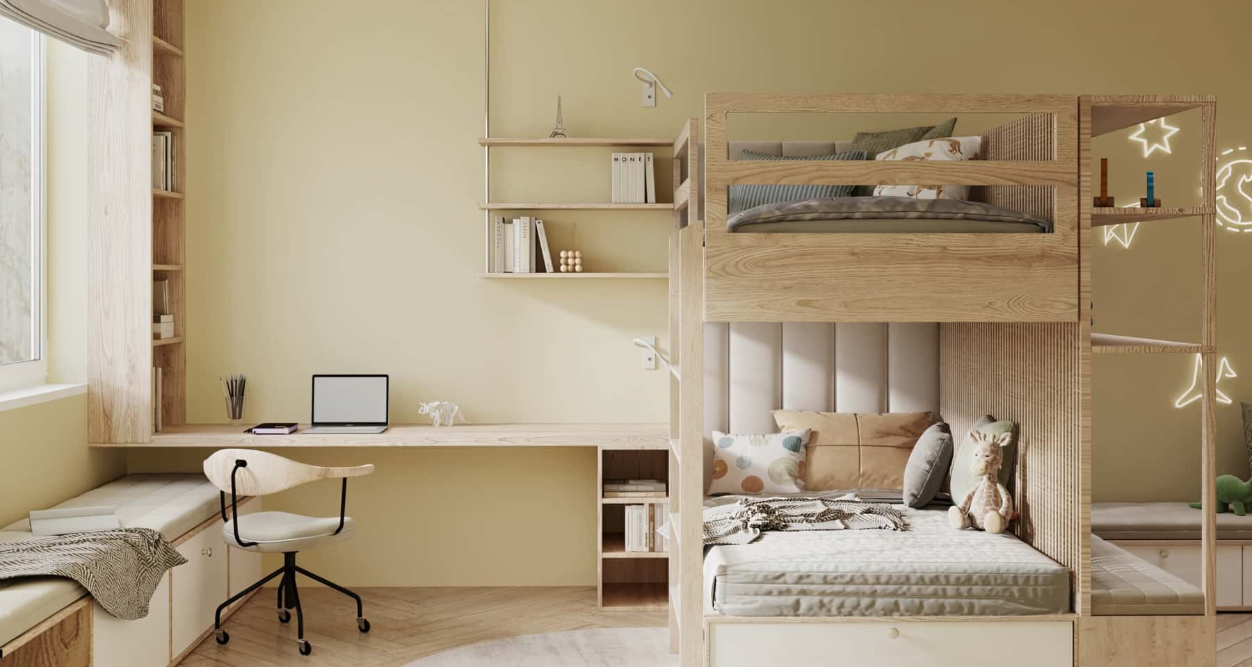 Дизайн кухні в трикімнатній квартирі: сучасні шафи, плитка та багато природного світла.