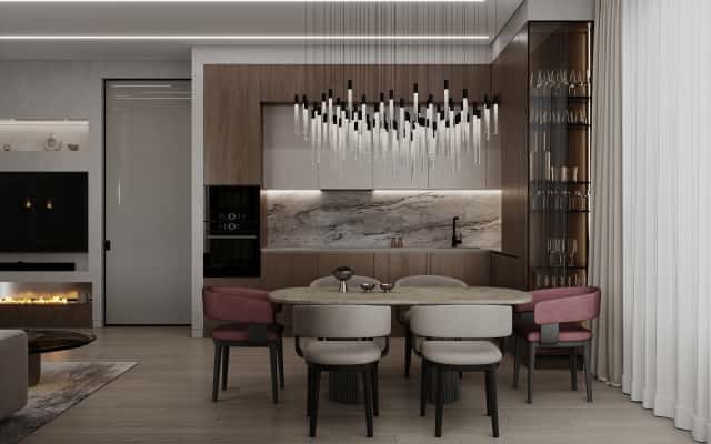 Мінімалістичний дизайн трикімнатної квартири з акцентним освітленням та сучасними меблями.