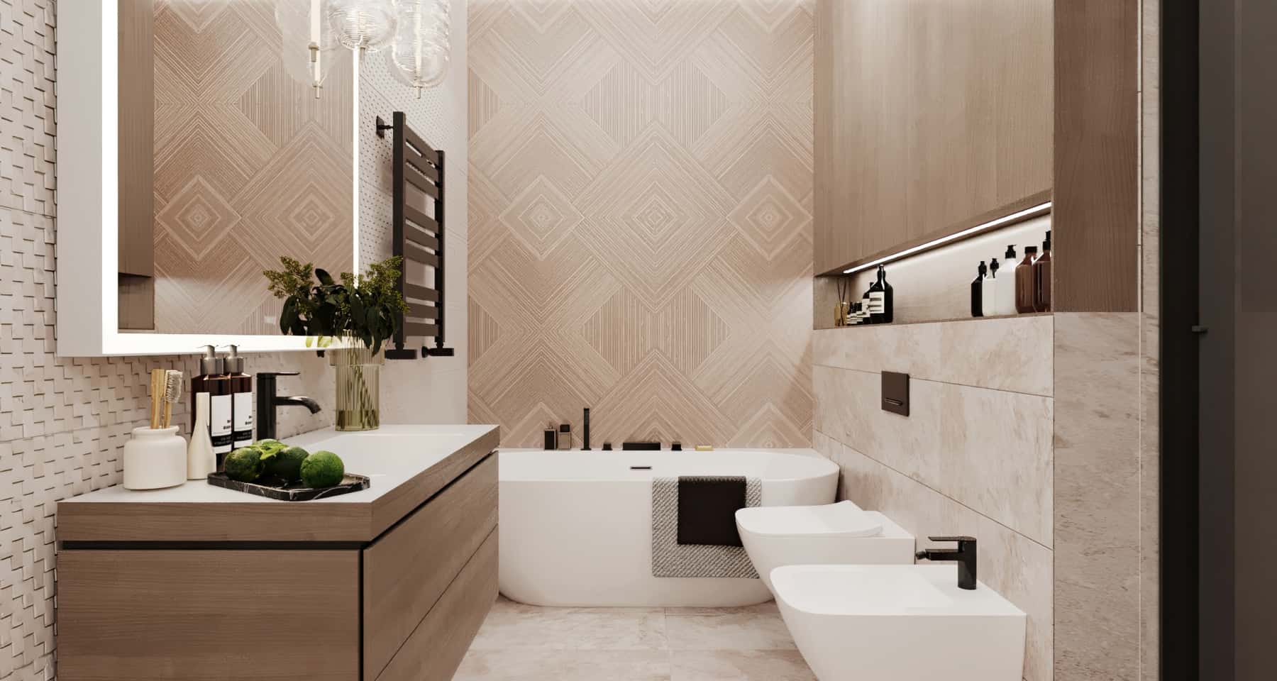 Дизайн кухні-вітальні в трикімнатній квартирі з барною стійкою та білим кухонним гарнітуром.