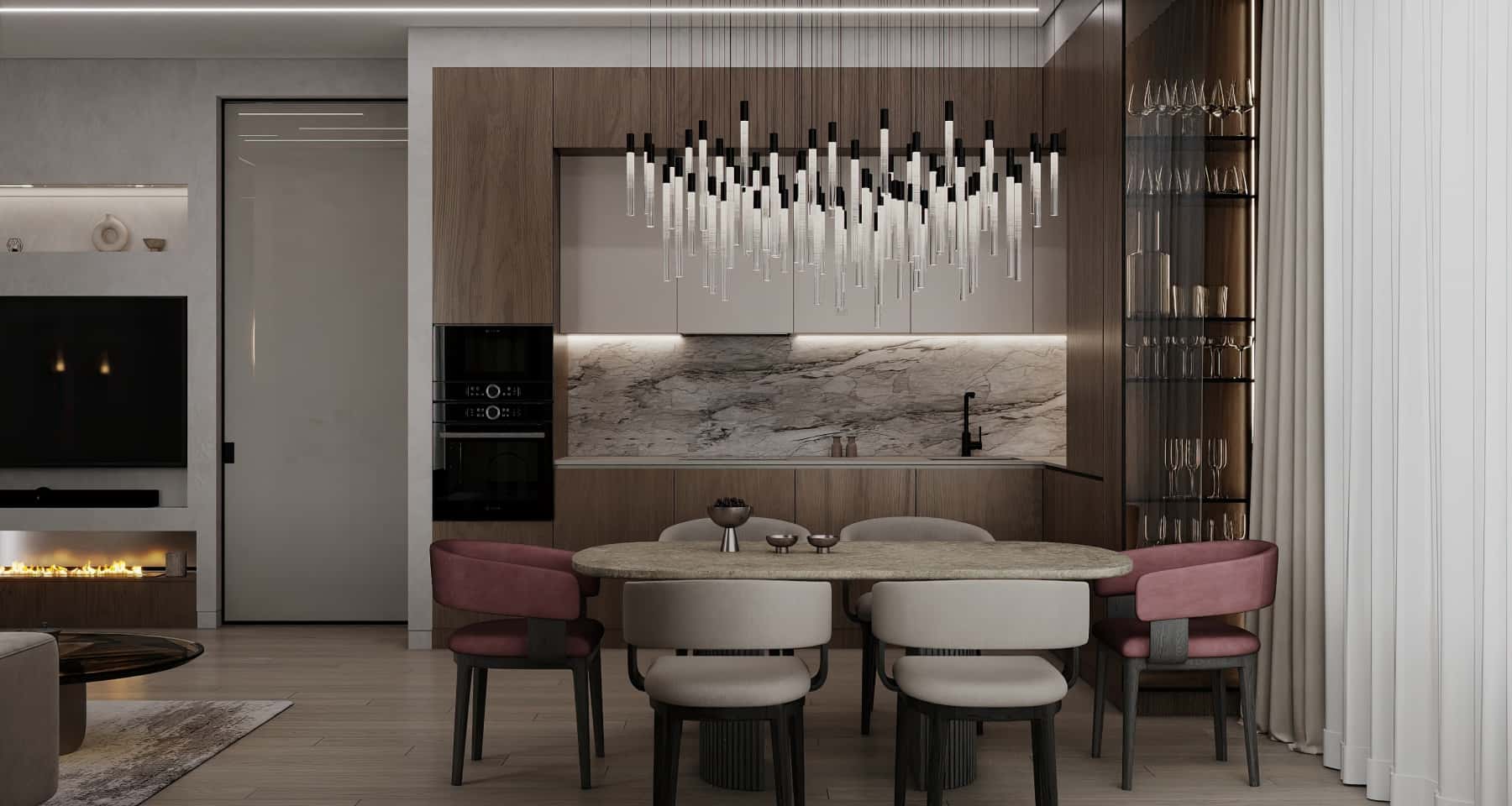 Сучасна трикімнатна квартира з елементами модерну, дерев'яними деталями та бежевою гамою.