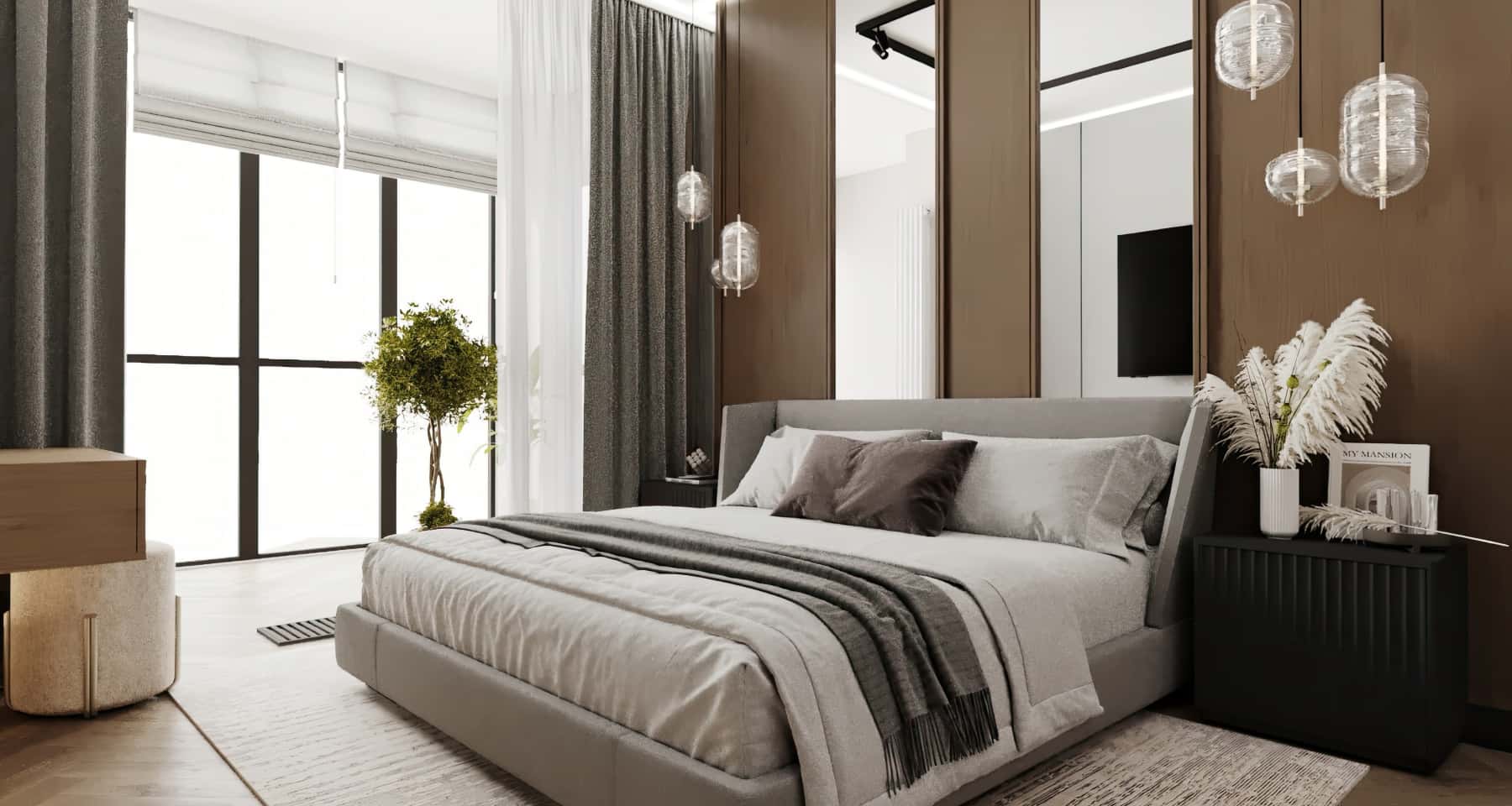 Інтер'єр вітальні в трикімнатній квартирі з великим вікном та мінімалістичним диваном.