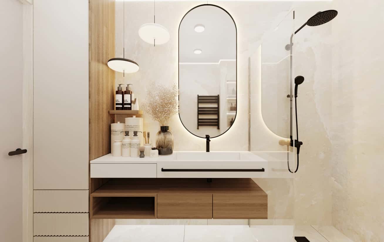 Мінімалістичний дизайн вітальні в трикімнатній квартирі з функціональними меблями та простором.