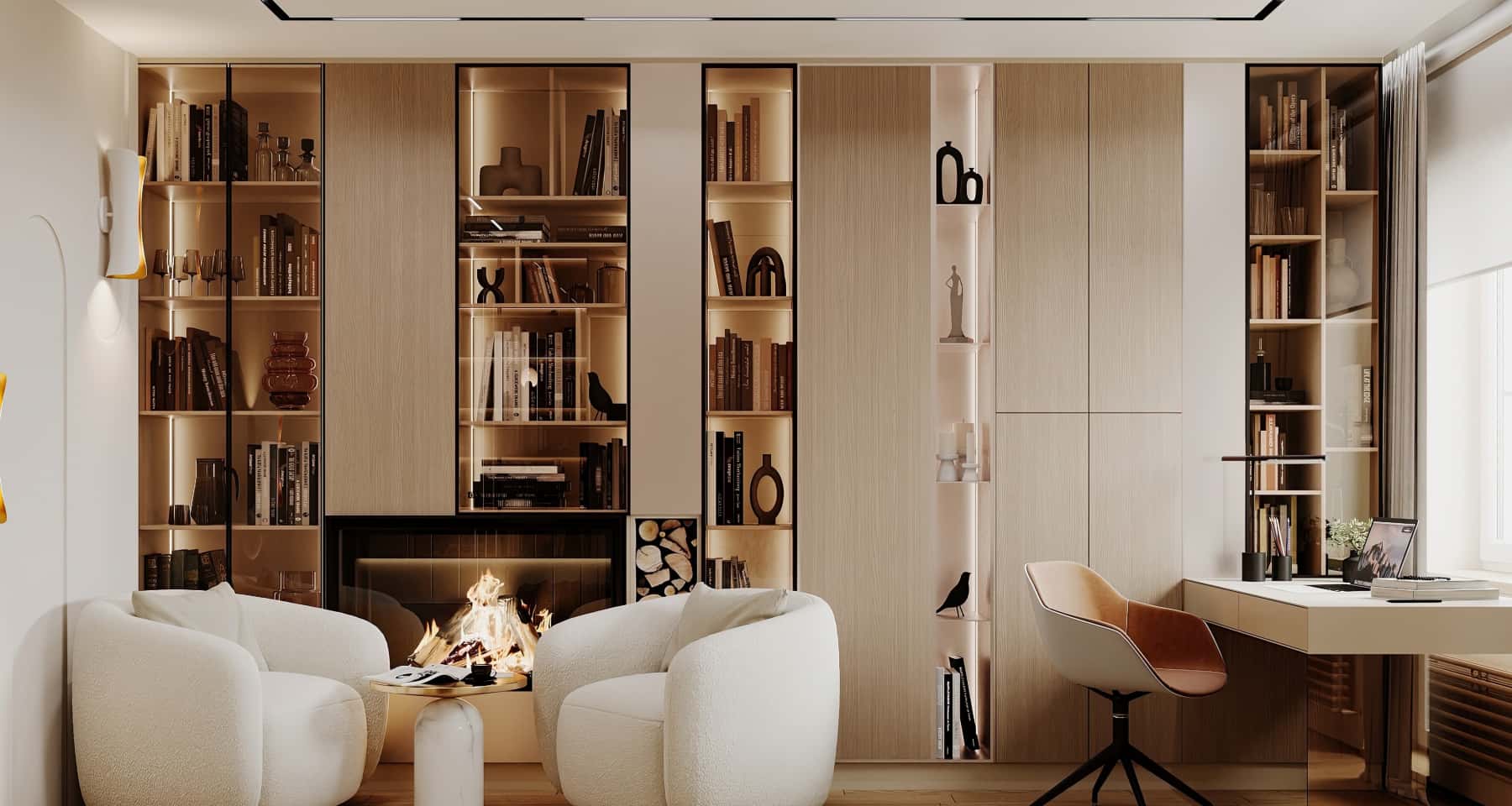 Сучасний інтер'єр трикімнатної квартири з дерев'яними елементами та кімнатними рослинами.