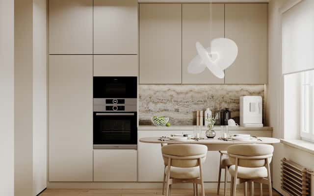 Сучасний дизайн трикімнатної квартири з натуральними матеріалами та світлими відтінками в інтер'єрі.