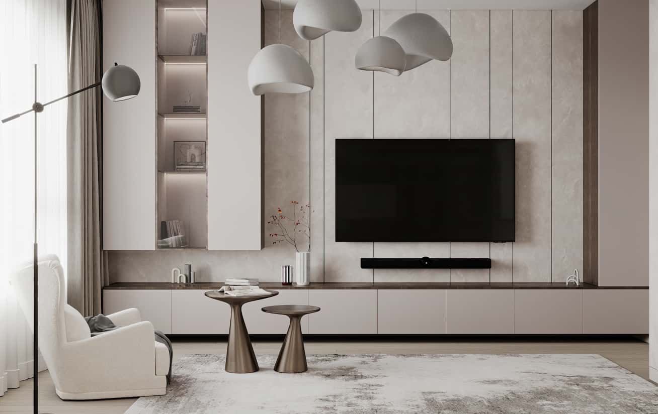 Сучасний дизайн трикімнатної квартири з великими вікнами та елементами модерну.