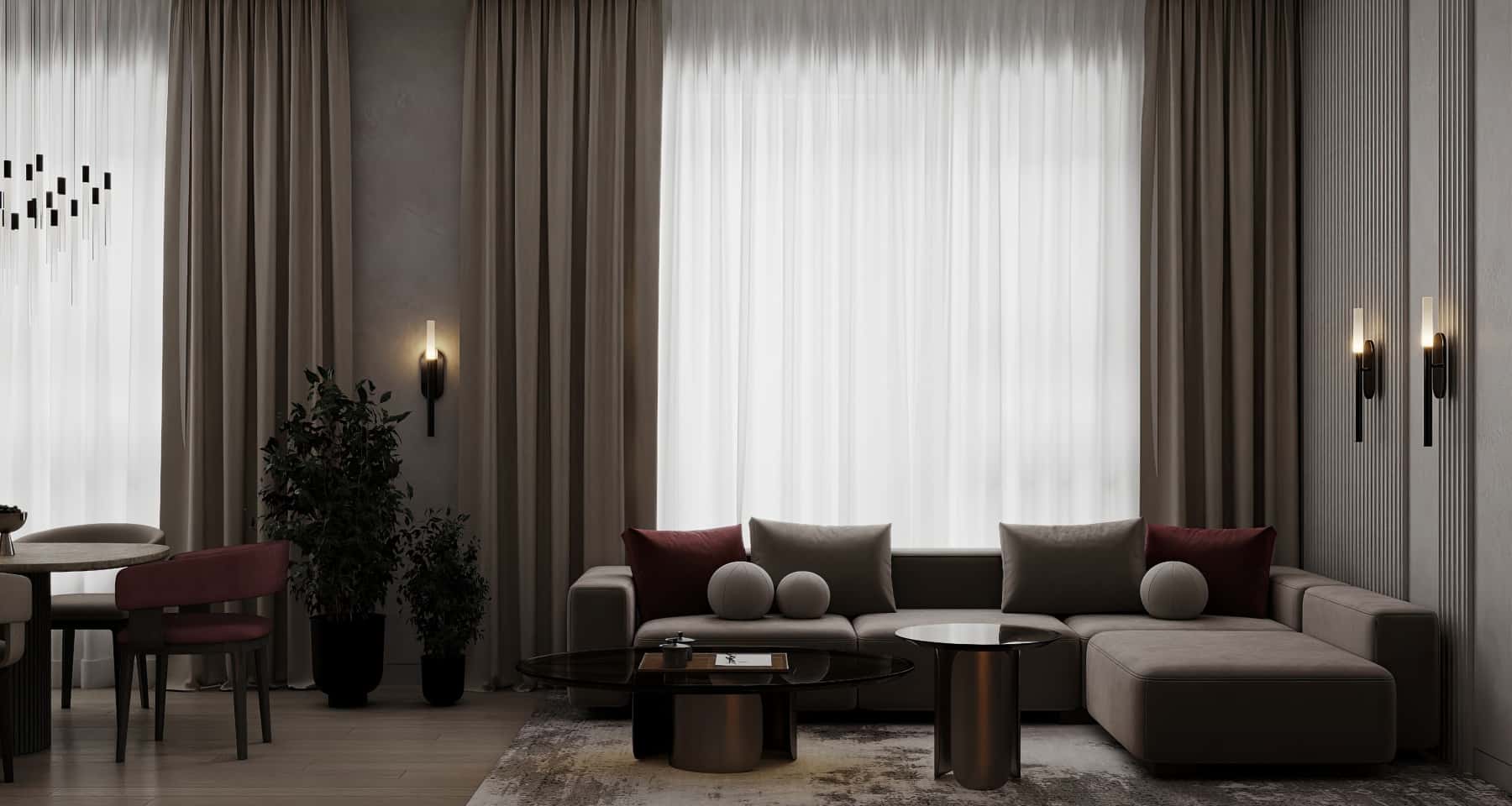 Сучасний інтер'єр трикімнатної квартири з відкритим плануванням кухні-вітальні та зоною відпочинку.