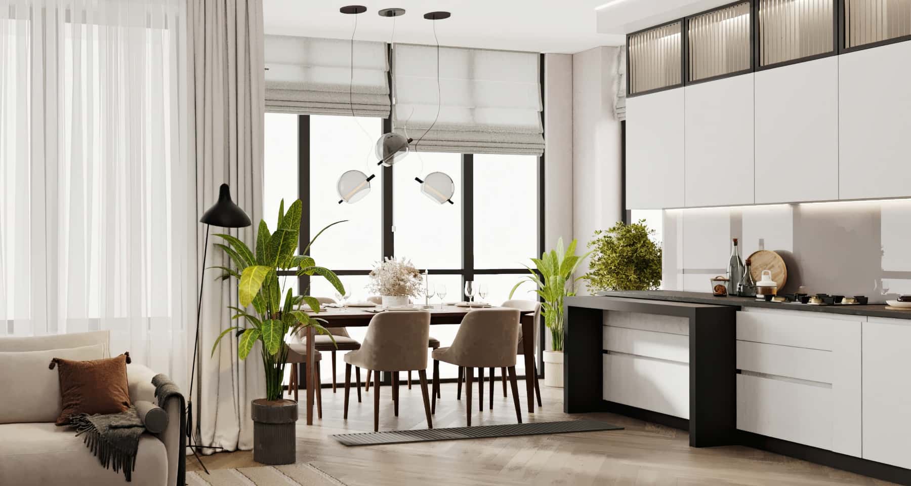 Сучасний інтер'єр трикімнатної квартири з великими вікнами та просторим плануванням.