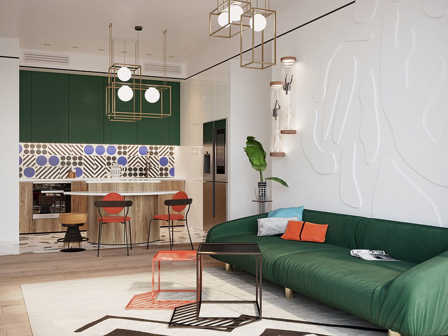 Кольоровий акцент диваном Кольоровий акцент у вітальні: стильний яскравий диван як фокусна точка дизайну.