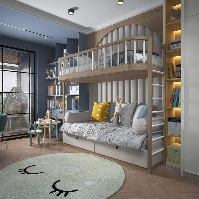 Двоярусне ліжко з диваном для маленької квартири з дерев'яними сходами