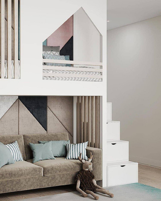 Елегантне двоярусне ліжко з диваном в дитячій, оптимальне рішення для малогабаритних квартир.