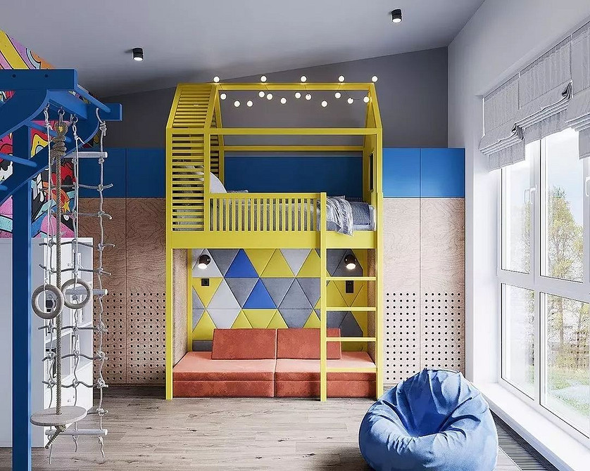 Дизайн для економії місця Сучасний дизайн двоярусного ліжка з диваном для оптимізації простору в кімнаті.