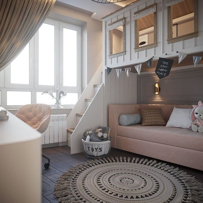 Стильне двоярусне ліжко з диваном в інтер'єрі дитячої кімнати з яскравими акцентами.