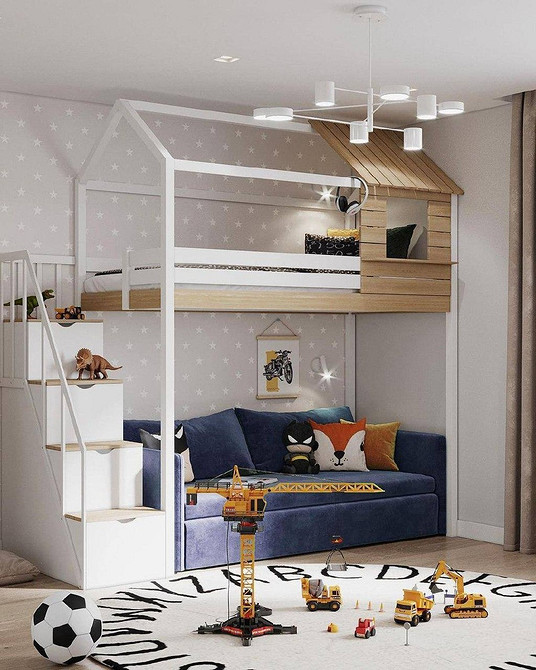 Двоярусне ліжко з диваном: рішення для дитячої кімнати в стилі мінімалізму