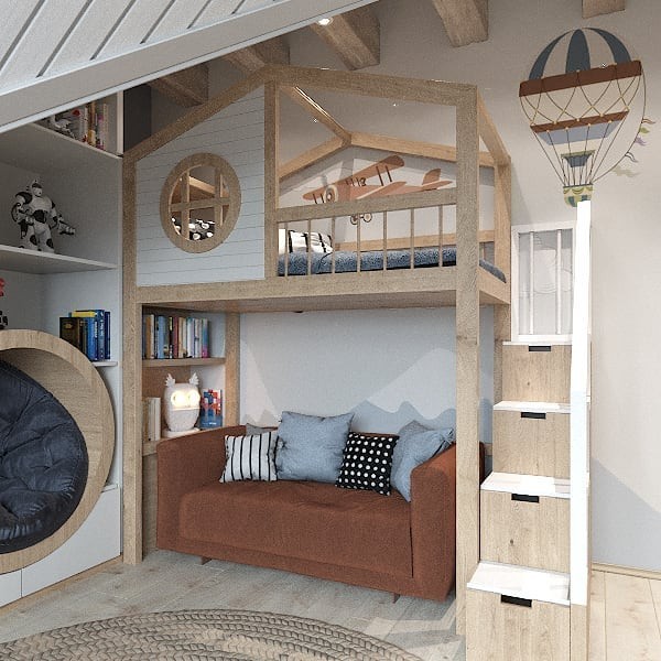 Екологічне двоярусне ліжко з диваном з натурального дерева в дитячій кімнаті.