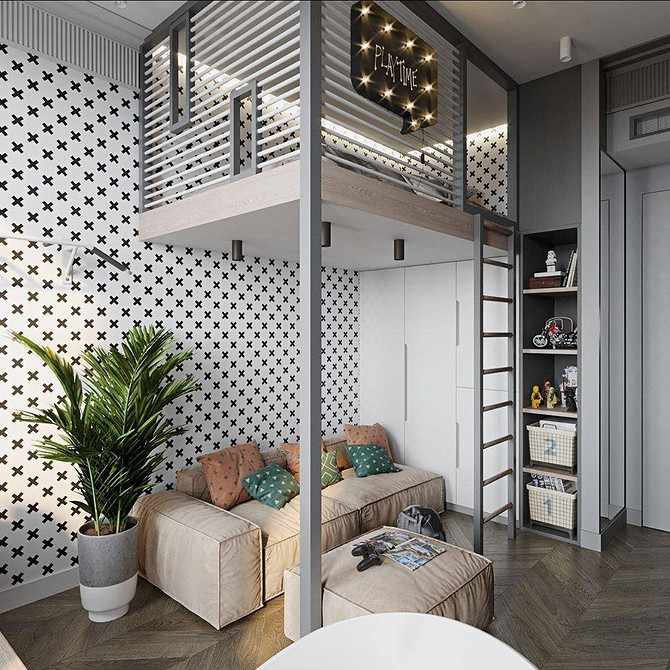 Двоярусне ліжко з диваном в дитячій кімнаті в стилі лофт з дерев'яними сходами