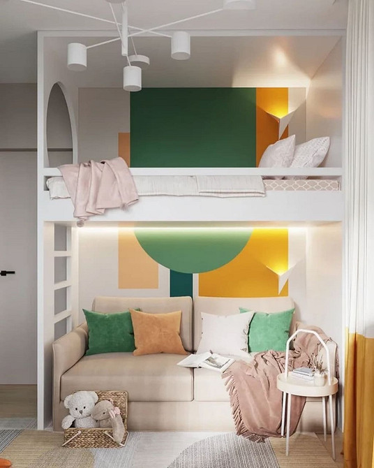 Двоярусне ліжко з диваном: тканина дивана гармонійно поєднується з дизайном кімнати 2026.