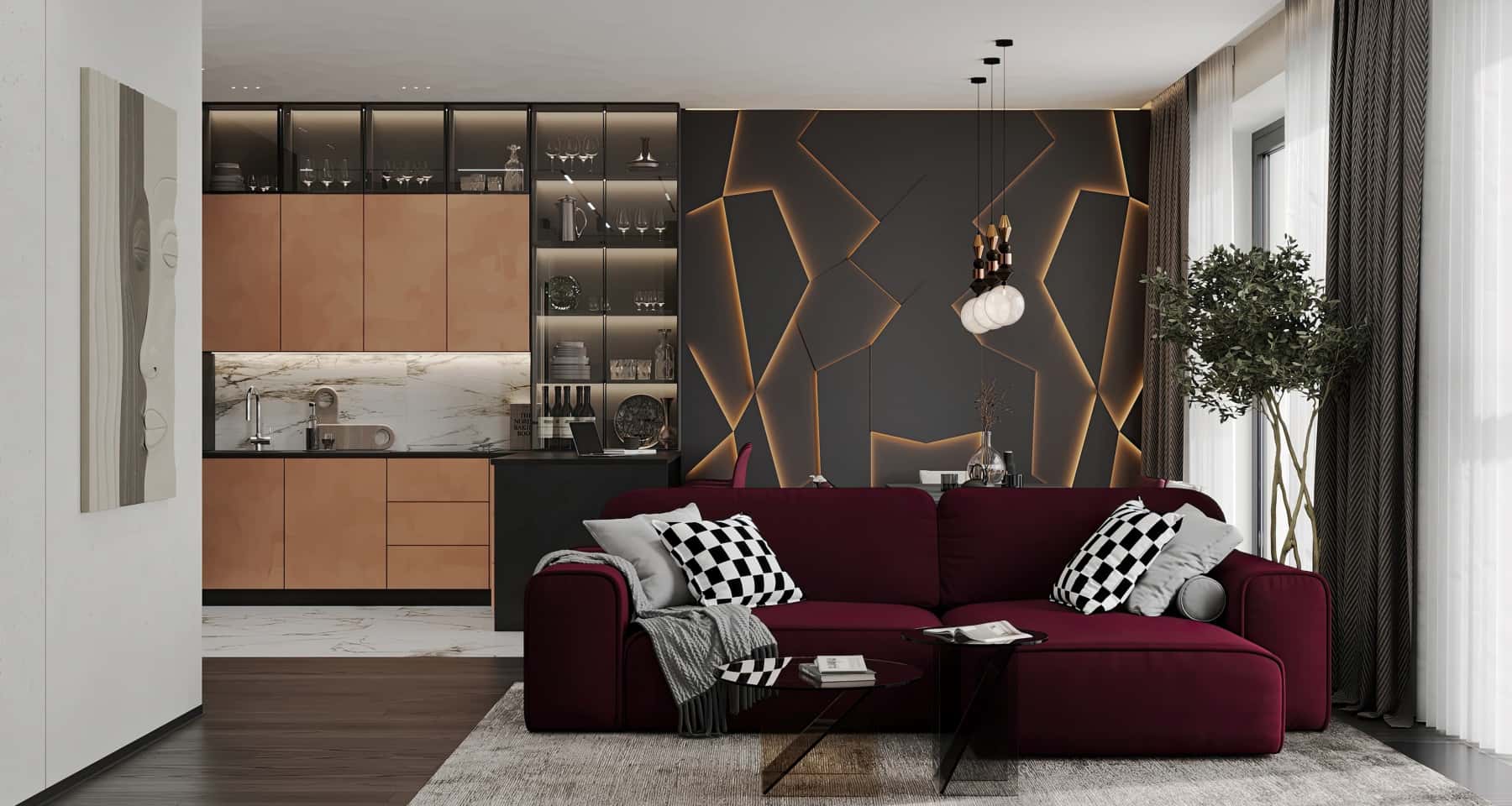 Світла та простора кухня-вітальня в елітно відремонтованій квартирі.