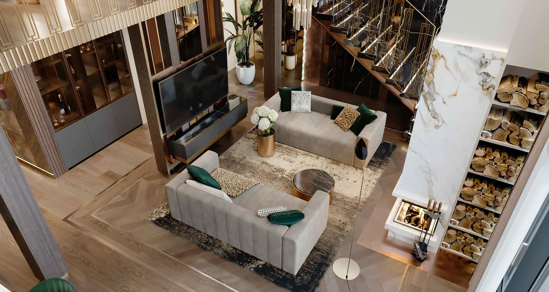 Сучасний дизайн вітальні в елітній квартирі, стильний ремонт.