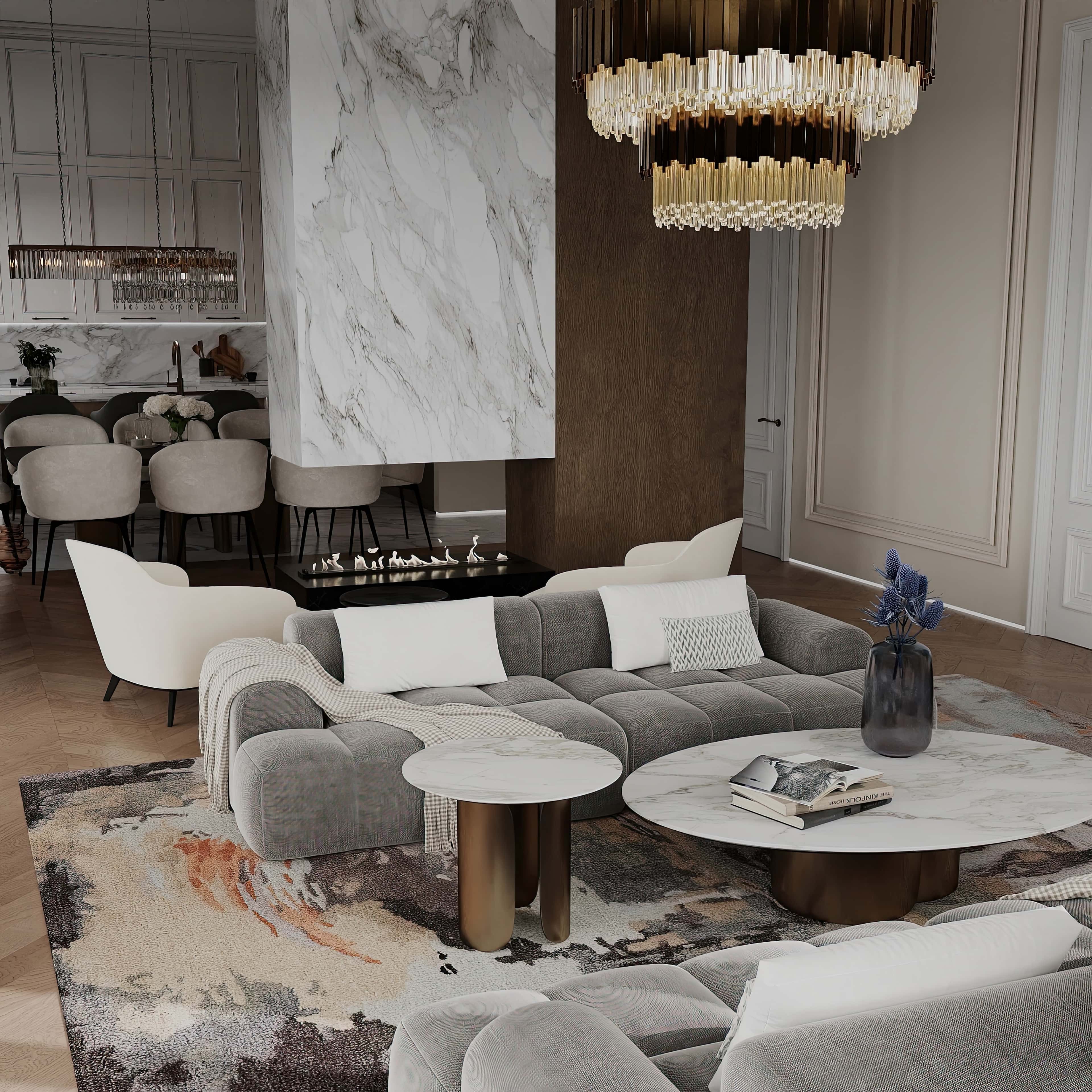 Світла вітальня з великими вікнами в елітній квартирі з видом на місто