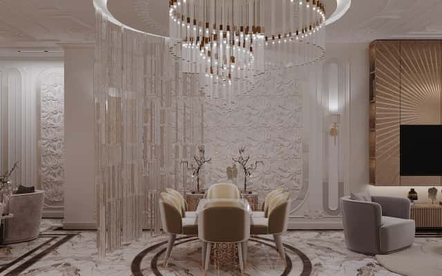 Розкішний дизайн інтер'єру квартири в стилі арт-деко з акцентом на деталях.