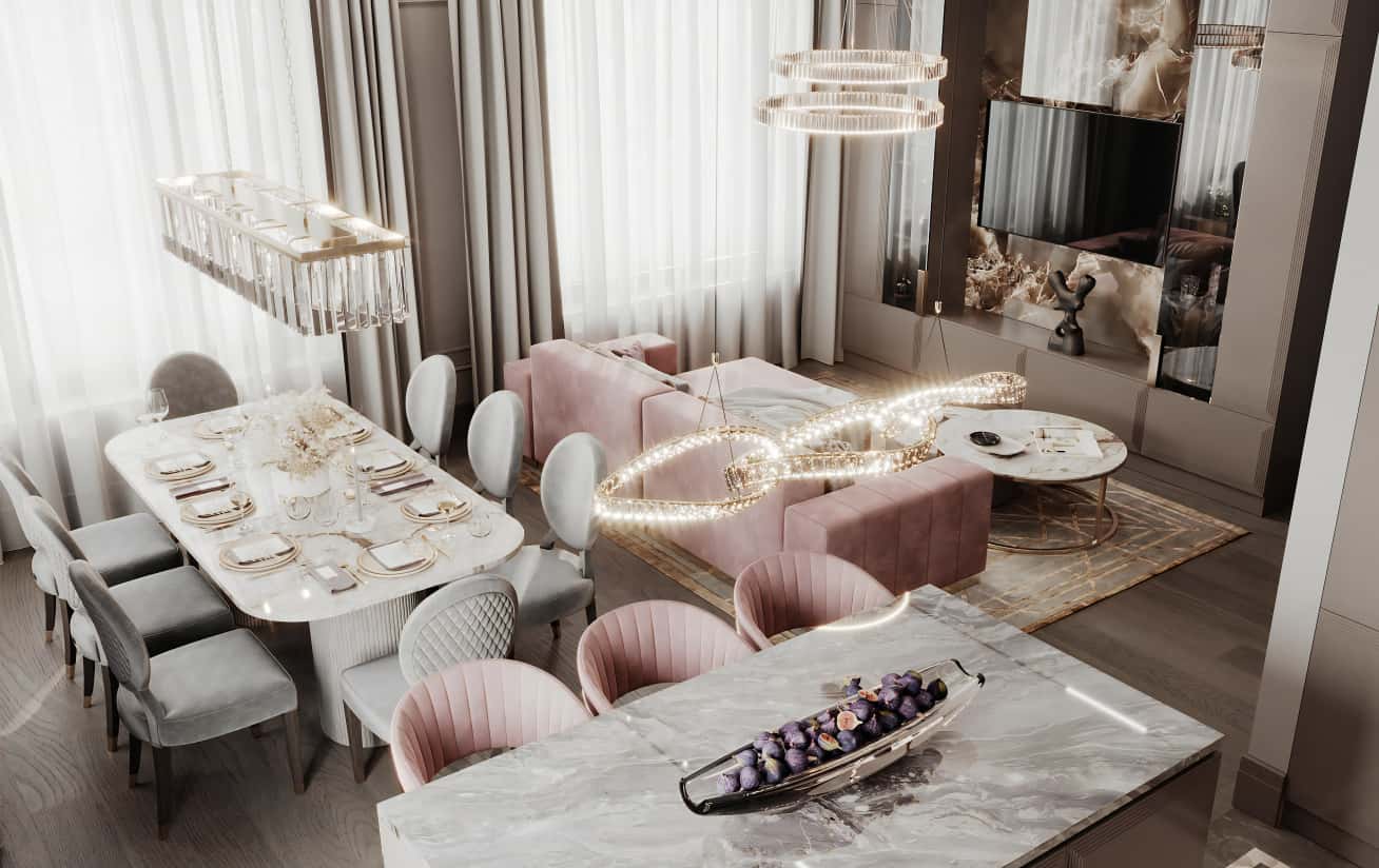 Дизайн квартири в стилі арт-деко з розкішними меблями та декором в інтер'єрі.