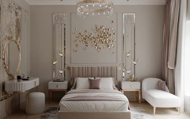 Елітна спальня з великим ліжком та елегантними приліжковими тумбочками.