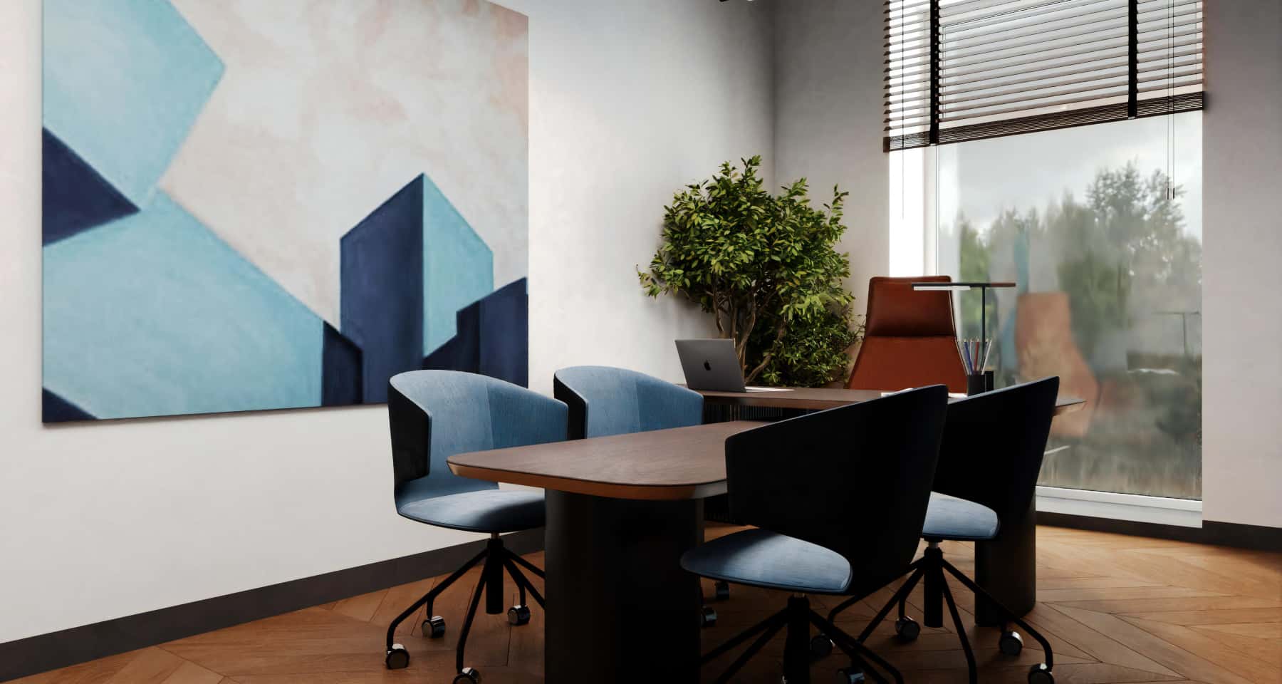 Кабінет керівника в стилі лофт з панорамними вікнами та сучасним дизайном.