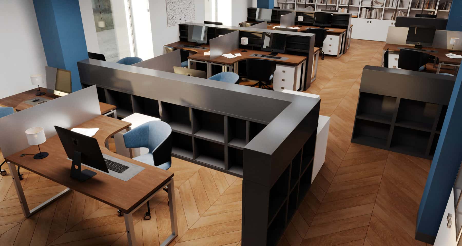 Зона очікування в сучасному офісі з комфортними меблями та стильним освітленням.